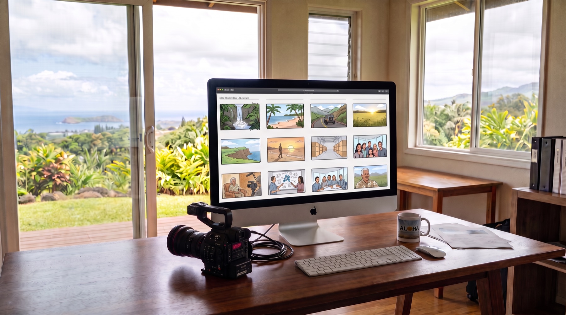 A storyboard for a Maui brand film displayed on a desktop editing screen beside a cinema camera