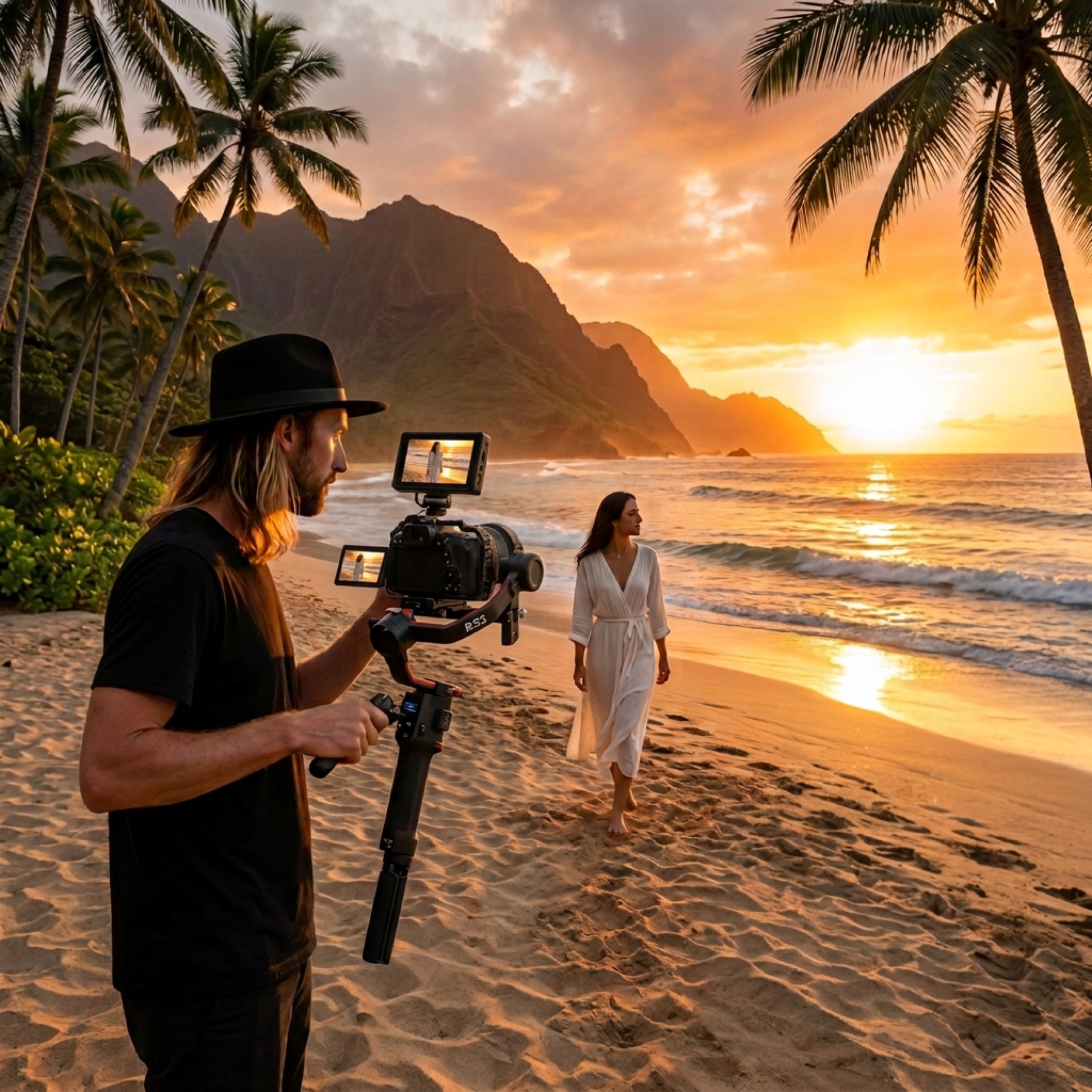 Jerad operating a cinema camera during a coastal production
