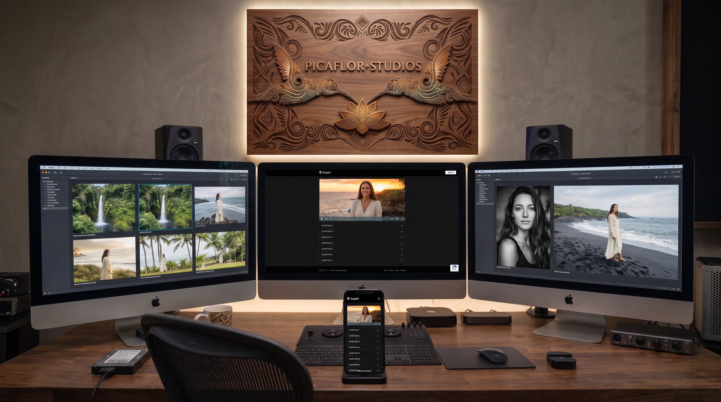 Completed Picaflor course content organized across editing, delivery platform, and mobile screens
