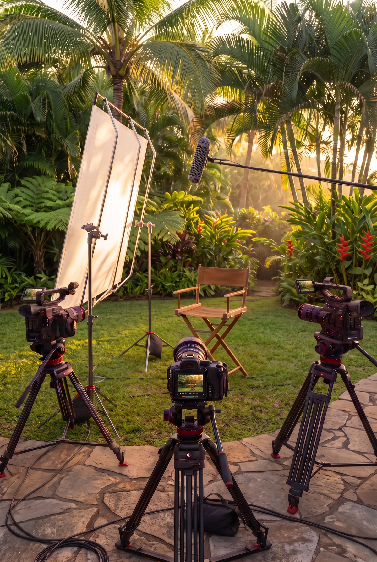 A tropical backyard prepared for an outdoor Picaflor production