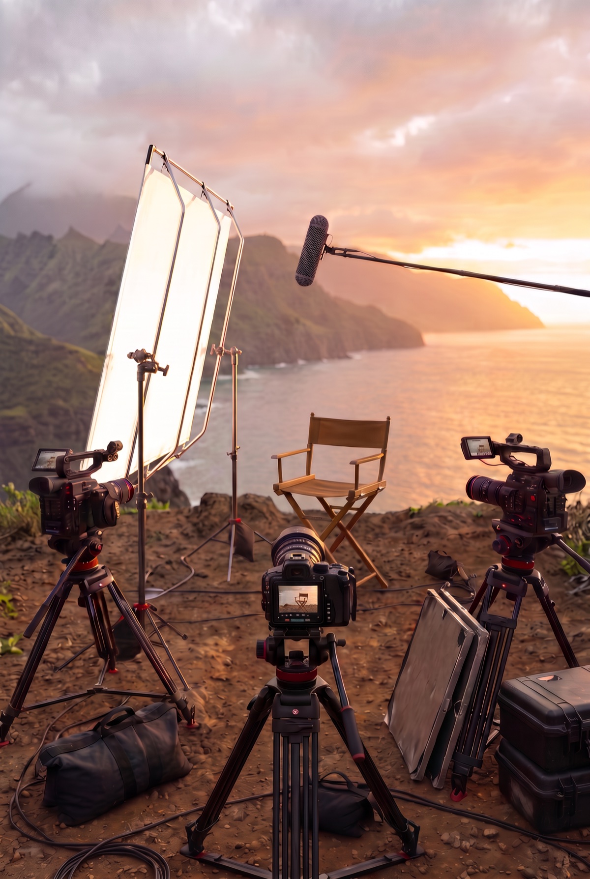 An outdoor Picaflor production set overlooking a coastal cliff at sunset
