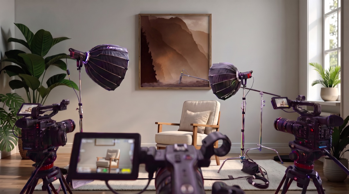 A warm home interior prepared for a multi-camera Picaflor production